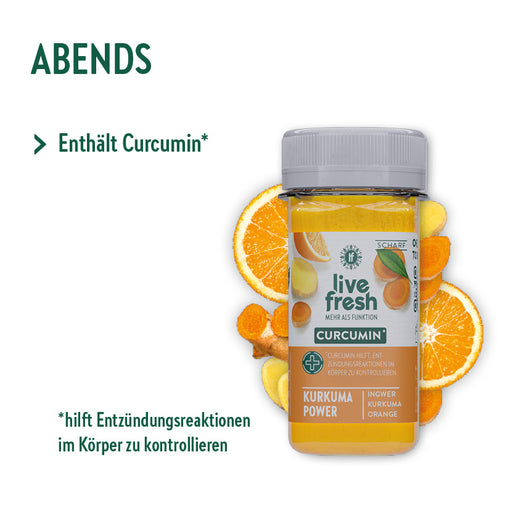 Eine „live fresh“ Curcumin-Shot-Flasche mit der Sorte „Kurkuma Power“. Die Collage dahinter zeigt Orangen, Kurkuma und Ingwer. Der Text weist darauf hin, dass Curcumin Entzündungsreaktionen im Körper kontrollieren kann.