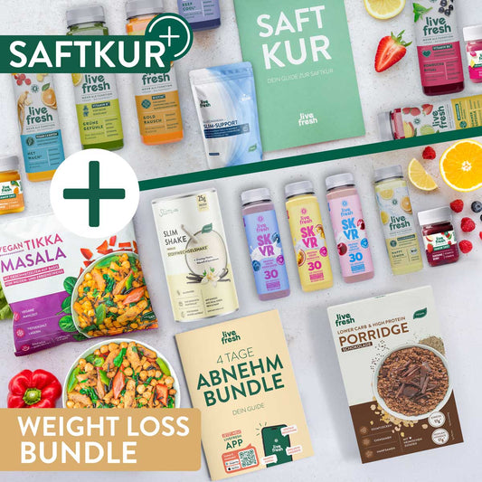 LiveFresh Saftkur und Abnehmbundle mit Säften. Slim Support. Slim Shake. Protein Drinks. Vegan Tikka Masala. Schoko Porridge und dem Guide "4 Tage Abnehm Bundle". Das Motiv trägt zusätzlich die Texte "SAFTKUR" und "WEIGHT LOSS BUNDLE".