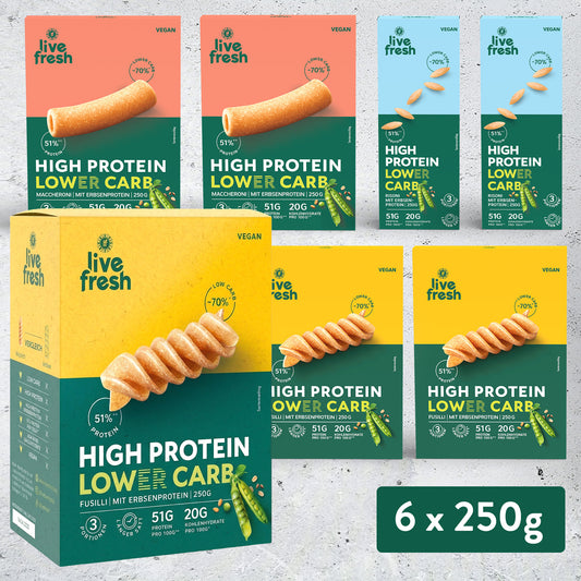 Mehrere Verpackungen von veganer Protein Pasta der Marke live fresh in verschiedenen Sorten und Farben vor hellem Hintergrund angeordnet. Auf den Packungen steht "live fresh", "VEGAN", "HIGH PROTEIN LOWER CARB", "51% PROTEIN", "LOWER CARB -70%", "MACCHERONI MIT ERBSENPROTEIN 250G", "FUSILLI MIT ERBSENPROTEIN 250G", "RISONI MIT ERBSENPROTEIN 250G", "51G PROTEIN PRO 100G", "20G KOHLENHYDRATE PRO 100G", "3 PORTIONEN" sowie unten rechts "6 x 250g".