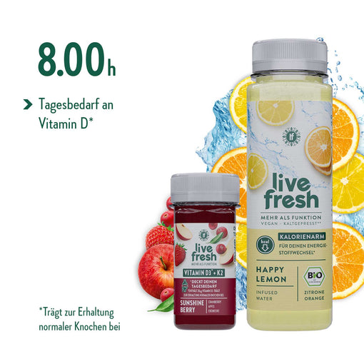 Zwei LiveFresh Getränke, ein Vitamin D3 + K2 Shot