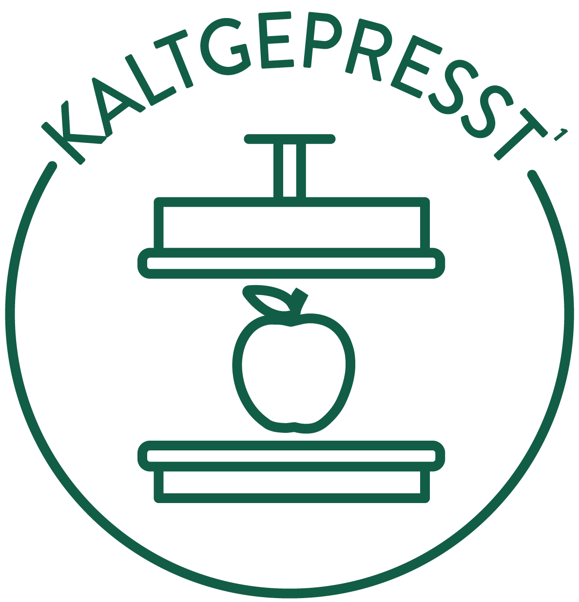 Grünes Symbol für kaltgepresste Verarbeitung mit einer Presse, die auf einen Apfel drückt, um schonende Saftherstellung darzustellen. Text „KALTGEPRESST“ im oberen Bereich.