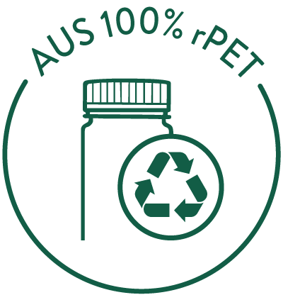Grünes Symbol für nachhaltige Verpackung mit der Aufschrift AUS 100% rPET. Zeigt eine Flasche mit Recycling-Symbol, das auf die Verwendung von recyceltem PET-Material hinweist.