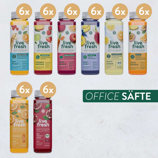 Produktübersicht des Office Säfte Pakets mit je 6 Flaschen pro Sorte: Hey Wach, Sommer Gefühle, Rote Rakete, Keep Cool, Happy Lemon, Gold Rausch, Orange und Bio Granatapfel. Überschrift „OFFICE SÄFTE“.