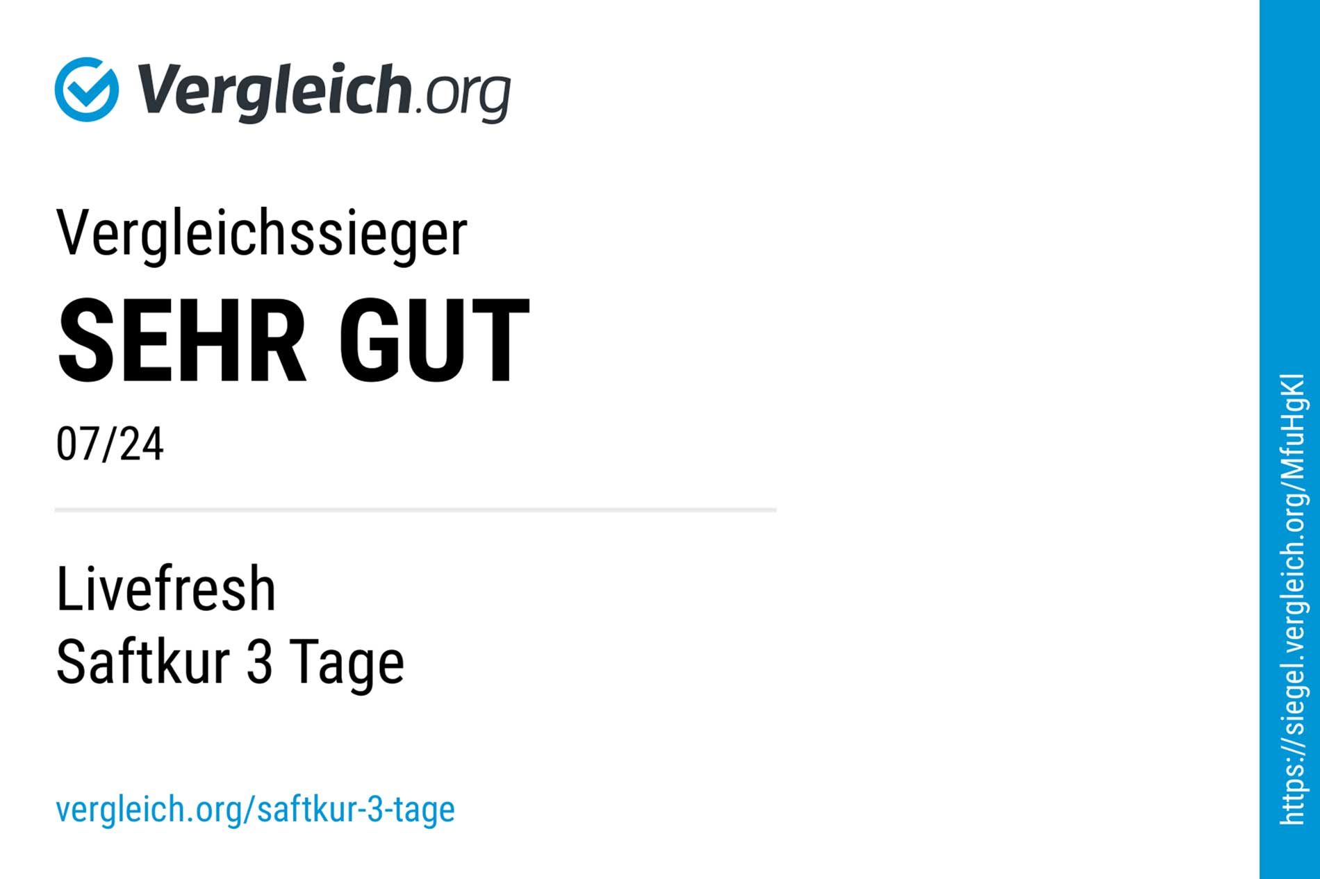 Auszeichnung von Vergleich.org: LiveFresh Saftkur 3 Tage ist Vergleichssieger mit der Bewertung „SEHR GUT“ im Juli 2024. Inklusive Link zur Website und Prüf-URL in blauer Schrift.