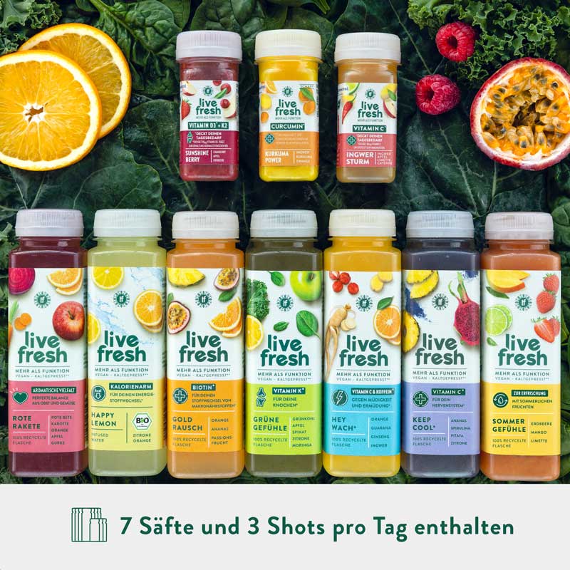 Saftkur von LiveFresh, oben drei Shots, Sunshine Berry, Kurkuma Power und Ingwer Sturm. Unten sieben verschiedene kaltgepresste Säfte, Rote Rakete, Happy Lemon, Gold Rausch, Grüne Gefühle, Hey Wach, Keep Cool und Sommergefühle. Im Hintergrund Blattgrün, Orangen, Passionsfrucht und Himbeeren. Darunter der Hinweis: 7 Säfte und 3 Shots pro Tag enthalten.