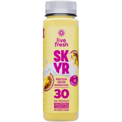 Produktbild des Skyr-Drinks von LiveFresh mit 20 g Protein in der Sorte Heidelbeere – cremig, fruchtig und sättigend.