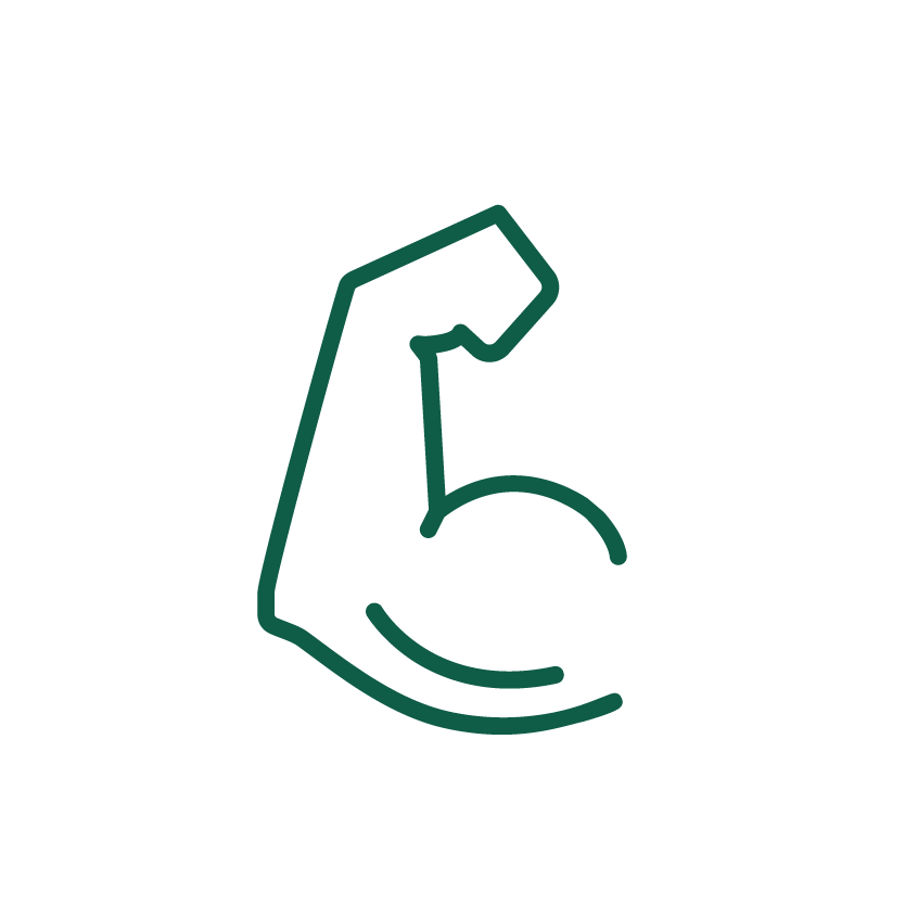 Grünes Icon eines gebeugten Arms mit Fokus auf den Bizepsmuskel, das auf einen hohen Proteingehalt hinweist.