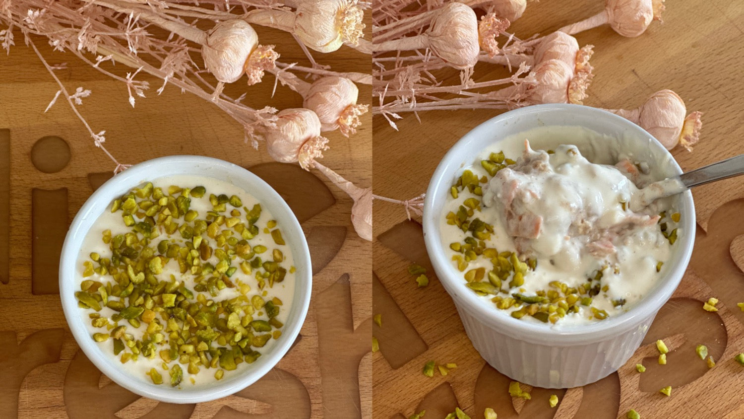 Carrot Cake Overnight Oats, garniert mit gehackten Pistazien, in einer weißen Ramekin-Schale auf einer Holzoberfläche mit getrockneten Blumen im Hintergrund.