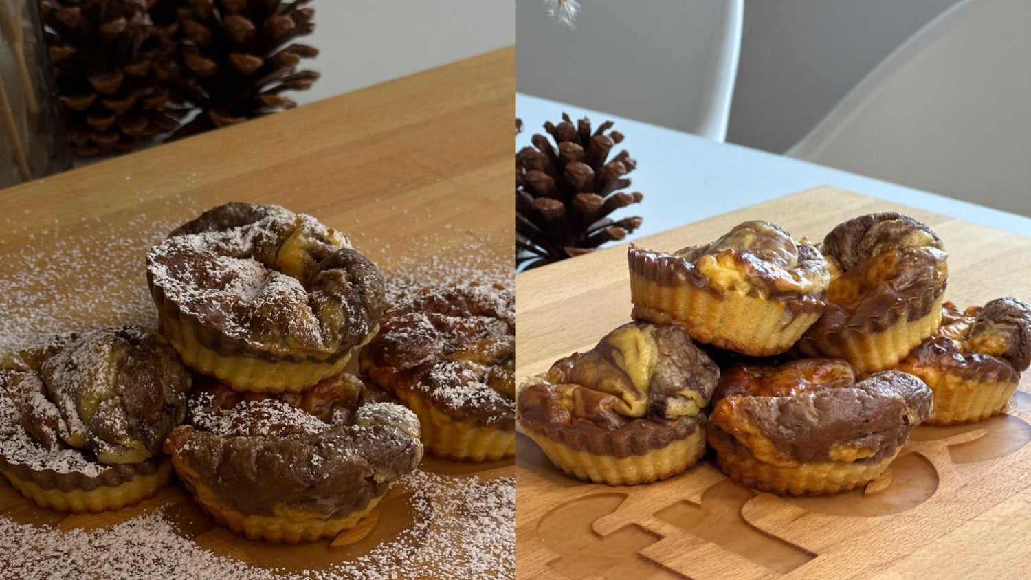 Zwei Bilder von fluffigen Protein Marmor Muffins. Linkes Bild: Muffins gestapelt und mit Puderzucker bestäubt. Rechtes Bild: Ungestapelte Muffins auf einem Holzbrett.