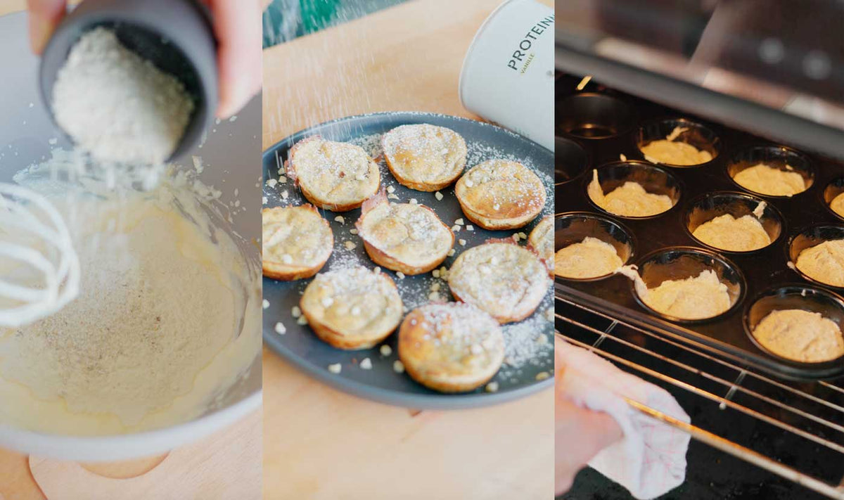 Drei Bilder in einem zeigen die Zubereitung von Quark-Protein-Muffins: Links wird Proteinpulver in eine Rührschüssel gegeben, in der Mitte die fertigen Muffins mit Puderzucker bestreut, rechts die Muffins im Backofen.