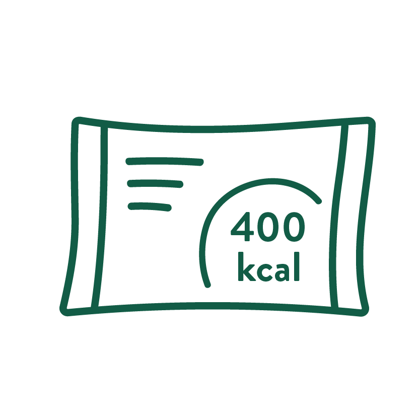 Grüne Grafik einer Verpackung eines Fertiggerichtes. Es ist der Hinweis "400 kcal" zu sehen. 