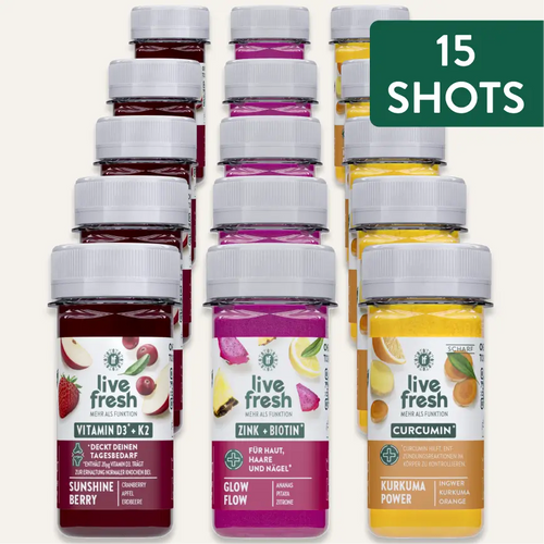 Fünfzehn LiveFresh Shots in drei Sorten als Produktübersicht. Hinweis im Bild: „15 SHOTS“.