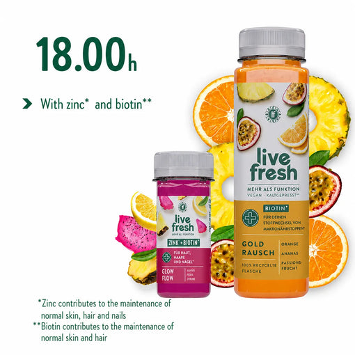 LiveFresh juice and shot with pineapple, orange, passion fruit, and dragon fruit, enriched with zinc and biotin, recommended to drink at 6 p.m.