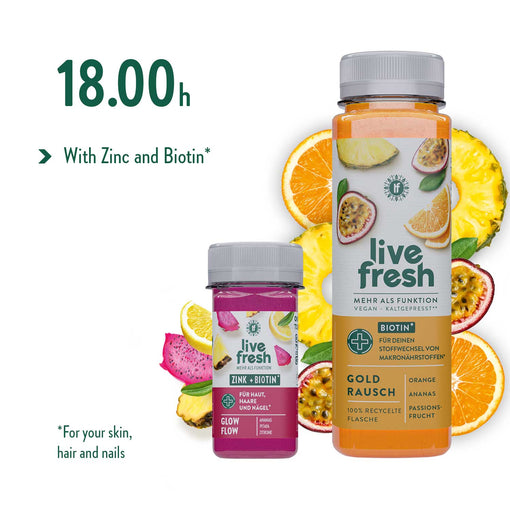 LiveFresh juice and shot with pineapple, orange, passion fruit, and dragon fruit, enriched with zinc and biotin, recommended to drink at 6 p.m.