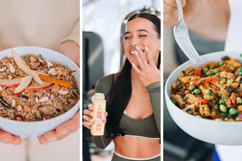 Dreigeteiltes Bild zum Abnehmbundle mit Porridge-Schale mit Apfel, lächelnder Frau in Sportklamotten mit Skyr-Flasche, und veganer Gemüse-Bowl mit Erbsen und Karotten.