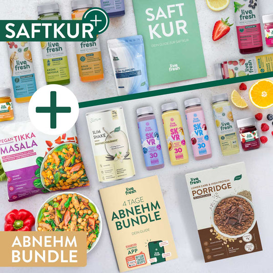 LiveFresh Saftkur und Abnehmbundle mit Säften. Slim Support. Slim Shake. Protein Drinks. Vegan Tikka Masala. Schoko Porridge und dem Guide "4 Tage Abnehm Bundle". Das Motiv trägt zusätzlich die Texte "SAFTKUR" und "ABNEHM BUNDLE".