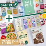 LiveFresh Saftkur und Abnehmbundle mit Säften. Slim Support. Slim Shake. Protein Drinks. Vegan Tikka Masala. Schoko Porridge und dem Guide "4 Tage Abnehm Bundle". Das Motiv trägt zusätzlich die Texte "SAFTKUR" und "WEIGHT LOSS BUNDLE".