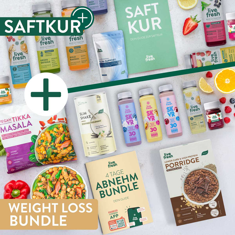 LiveFresh Saftkur und Abnehmbundle mit Säften. Slim Support. Slim Shake. Protein Drinks. Vegan Tikka Masala. Schoko Porridge und dem Guide "4 Tage Abnehm Bundle". Das Motiv trägt zusätzlich die Texte "SAFTKUR" und "WEIGHT LOSS BUNDLE".