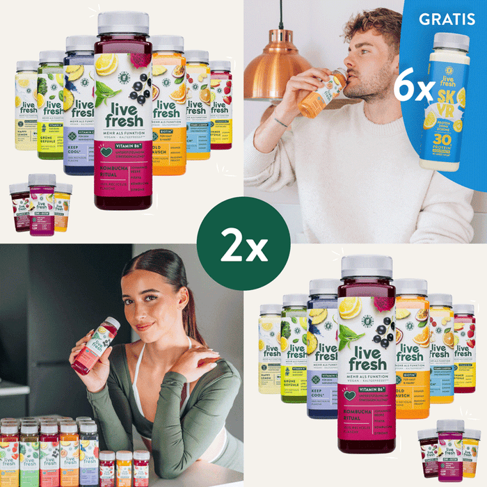 Collage mit mehreren Live Fresh Getränkeflaschen und zwei Personen, die die Säfte trinken. In der Mitte steht „2x“, rechts oben der Hinweis „Gratis 3x Skyr Protein Drink Zitrone 30g Protein“, während verschiedene Sorten wie „Kombucha Ritual“, „Gold Rausch“, „Keep Cool“ und „Sommer Gefühle“ präsentiert werden.