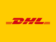 DHL-Logo in roten Buchstaben auf gelbem Hintergrund, Symbol für den internationalen Versand- und Logistikdienstleister.