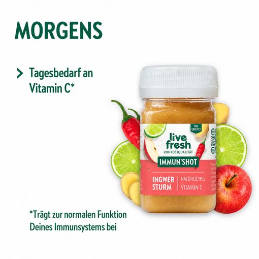 Live Fresh Immun Shot Ingwer Sturm mit Ingwer Limette Chili und Apfel. Der Shot deckt morgens den Tagesbedarf an Vitamin C und trägt zur normalen Funktion des Immunsystems bei.