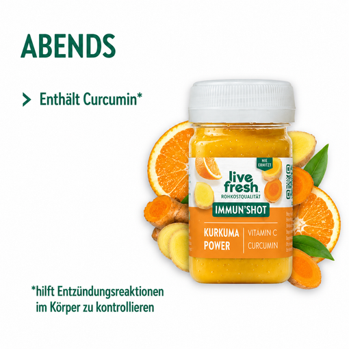 Live Fresh Immun Shot Kurkuma Power mit Kurkuma Ingwer und Orange. Der Shot enthält Curcumin und wird als Variante für abends dargestellt.