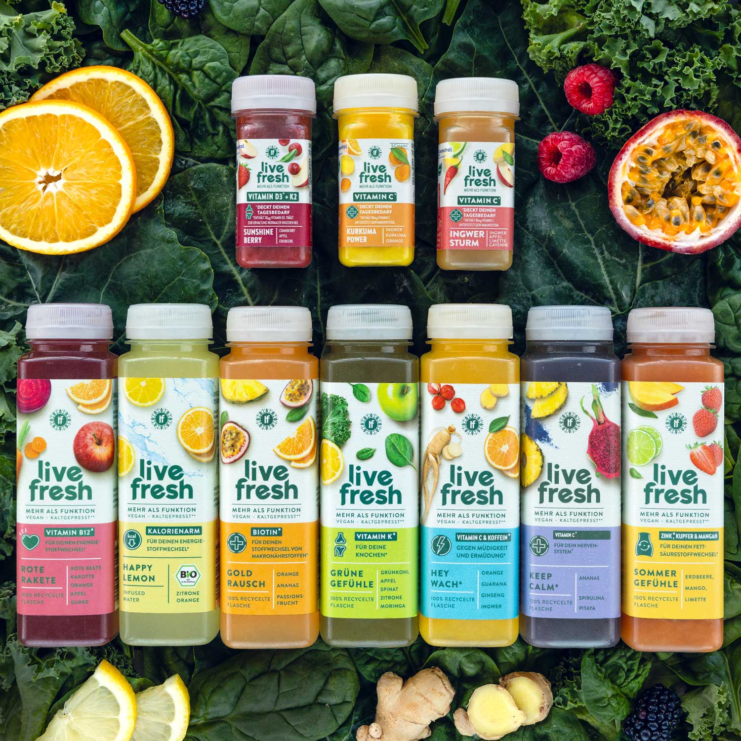 Reihe von 'Live Fresh' Saftflaschen auf einem grünen Blätterhintergrund, darunter Varianten wie 'Sunshine Berry' und 'Ingwer Sturm', perfekt für Vitaminanreicherung und Wohlbefinden.