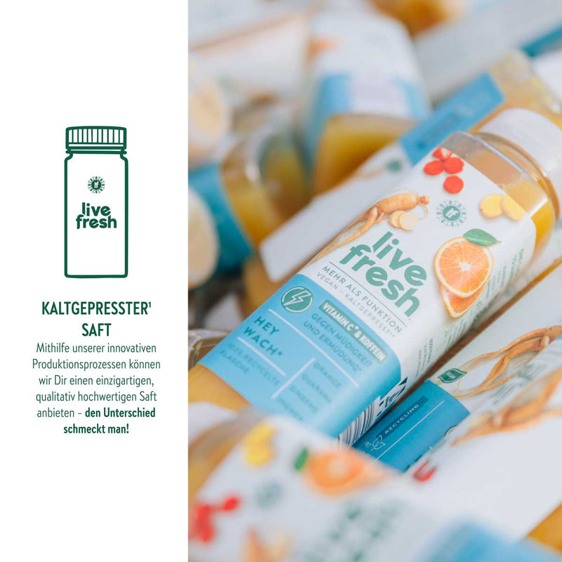 LiveFresh-Flaschen mit orangefarbenem, kaltgepresstem Saft in einer Kühlbox. Links sind eine stilisierte Flasche und der Text „Kaltgepresster Saft“ mit einem Hinweis auf die hochwertige Produktion abgebildet.
