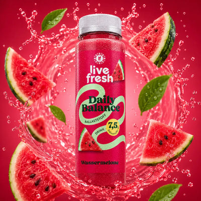 Eine Flasche des Ballaststoffdrinks Daily Balance in der Sorte Wassermelone vor hell-rotem Hintergrund. Um die Flasche ein roter Saft-Splash mit frischen Wassermelonen-Stücken