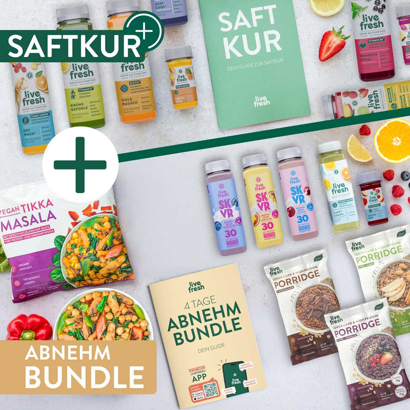 Live Fresh Abnehmbundle mit Saftkur, Porridge-Beuteln, Skyr Drinks, Tikka Masala, Obst, Müslischale und „4 Tage Abnehmbundle“ Guide auf hellem Hintergrund. 