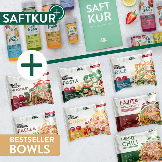 Kombi-Paket aus LiveFresh Saftkur und Bestseller Bowls, bestehend aus kaltgepressten Säften und gefrorenen Mahlzeiten wie Pasta, Curry und Chili, arrangiert mit Obst auf hellem Untergrund. Oben links der Hinweis Saftkur Plus in grün, ein großes Plus in der mitte und unten links "Bestseller Bowls".