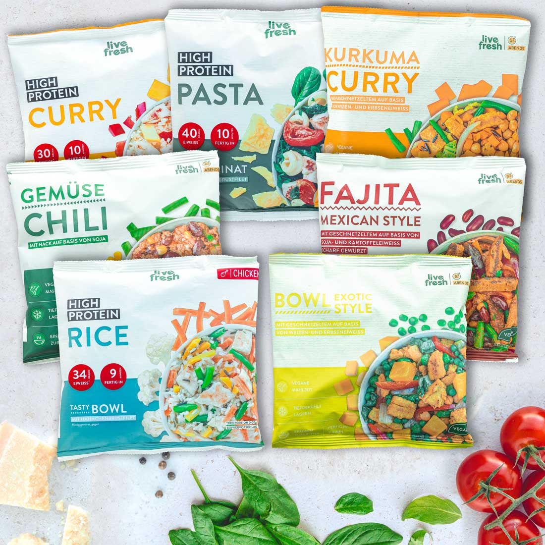 LiveFresh Fertiggerichte und Bowls in bunten Verpackungen