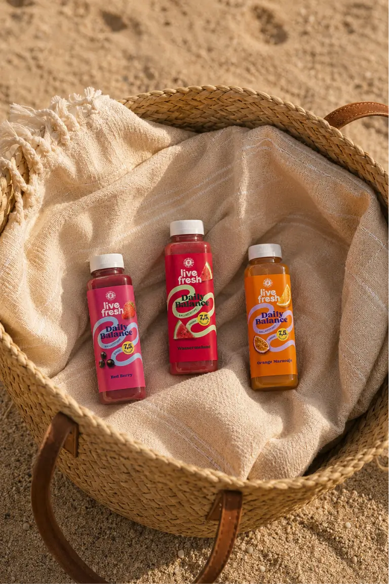 LiveFresh Daily Balance Ballaststoffquelle Drinks in den Sorten Red Berry, Wassermelone und Orange Maracuja in einem Strandkorb auf einem Tuch am Sandstrand.