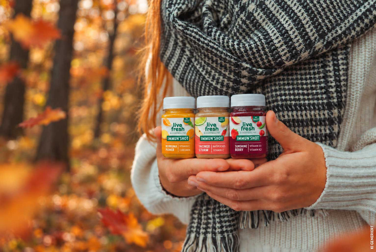 Eine Frau hält drei Live Fresh Immun Shots in den Sorten Kurkuma Power. Ingwer Sturm. Sunshine Berry vor einem herbstlichen Wald. Die kleinen Säfte ergänzen eine Saftkur mit Fokus auf Immun und Vitamine.