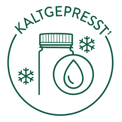 Icon für kaltgepresst: eine LiveFresh Flasche, darüber ein Tropfen und Schneeflocken-Symbole drumherum als Zeichen von Kälte bzw. nicht Erhitzen des Saftes. Darüber steht "Kaltgepresst"
