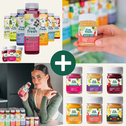 Viergeteilte Collage mit verschiedenen Live Fresh Säften und Immun Shots. Zu sehen sind eine Auswahl bunter Saftflaschen, ein Ingwer Sturm Shot in einer Hand, eine Frau mit einer Saftflasche sowie sechs Shot Sorten mit den Namen Glow Flow, Ingwer Prise, Sunshine Berry, Kurkuma Power, Ingwer Sturm und Ingwer Xtreme.