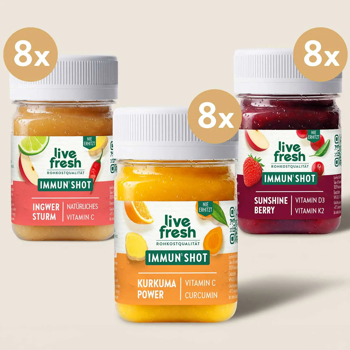 Live Fresh Immune Bundle, containing 8 vials each of the Ingwer Sturm varieties with vitamin C. Kurkuma Power with vitamin C and curcumin. Sunshine Berry with vitamin D3 and vitamin K2.
