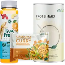 LiveFresh-Produkte Curry, Saft und Proteinmix nebeneinander dargestellt.
