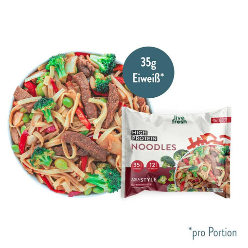 Eine High-Protein-Nudel-Bowl im Asia-Stil mit Rindfleischstreifen, Brokkoli, Paprika und Edamame, enthält 35g Eiweiß pro Portion. Die Verpackung trägt die Aufschrift „High Protein Noodles“ und „Asia Style“, was den hohen Eiweißgehalt und den asiatischen Geschmack hervorhebt.