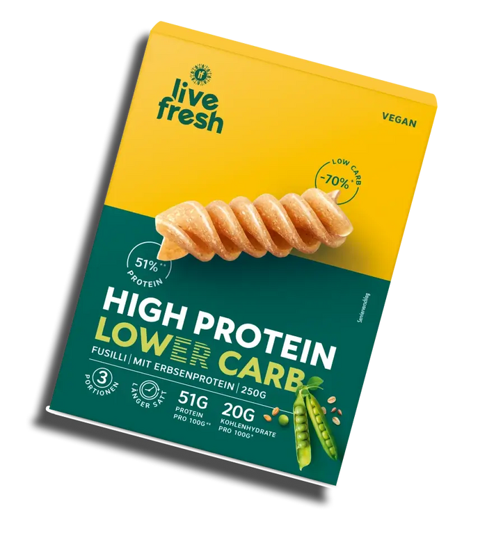 Verpackung von LiveFresh High Protein Lower Carb Fusilli aus Erbsenprotein mit 51 Prozent Protein und 70 Prozent weniger Kohlenhydraten. Vegane Pasta mit 250 Gramm Inhalt auf gelb grünem Design.