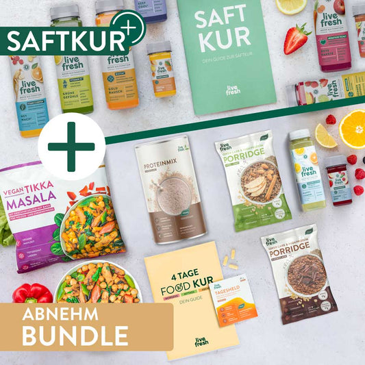 Kombiniertes Produktbild von Saftkur und Foodkur: oben verschiedene Säfte und Saftkur-Guide, unten Proteinmix, Porridge, Mahlzeiten, Tagesheld-Kapseln und Foodkur-Guide. Beige Banner mit „Abnehm Bundle“ am unteren Rand.