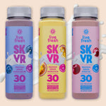Drei Live Fresh Skyr-Protein-Drinks in den Sorten Heidelbeere, Maracuja und Kirsche, jeweils mit 30g Protein und ohne Zuckerzusatz.